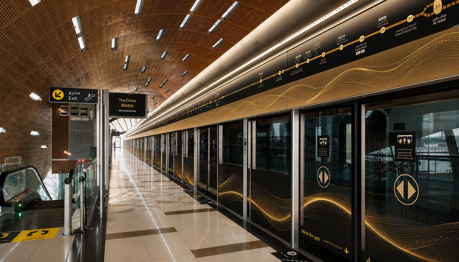 Concept render — banchina della Metropolitana di Dubai con allestimento full station domination